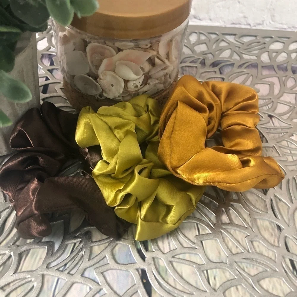 3 New Silk Scrunchies Olive, Brown, Gold Colors